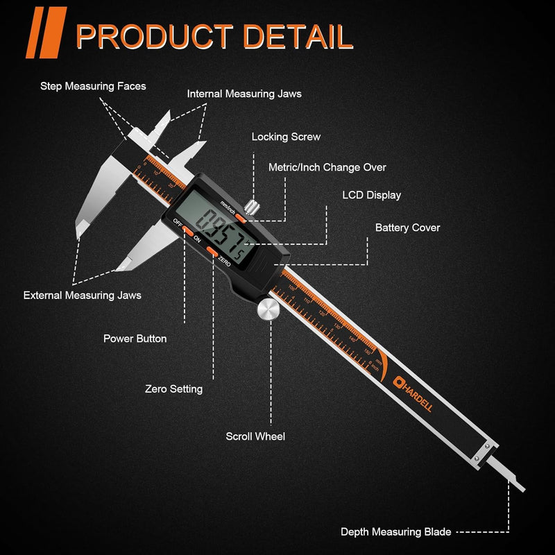 HARDELL Digitaler Messschieber 150mm mit grossem LCD-Bildschirm, Messwerkzeug mit Automatischer Absc
