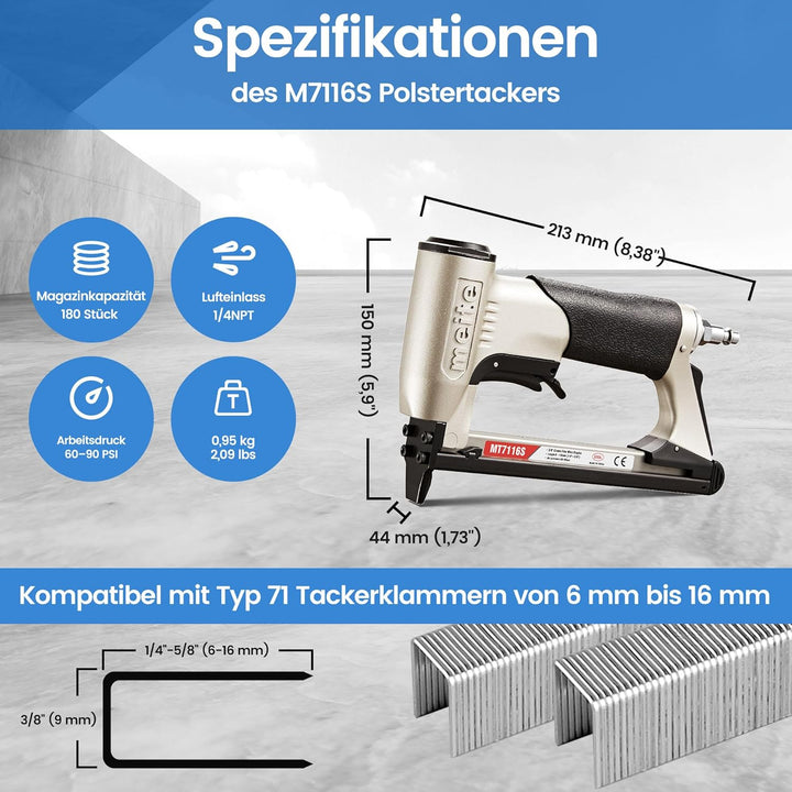 meite MT7116S Upholstery Stapler - 22 Gauge 71 Series 3/8" Crown or C-Crown Fine Wire Stapler with S