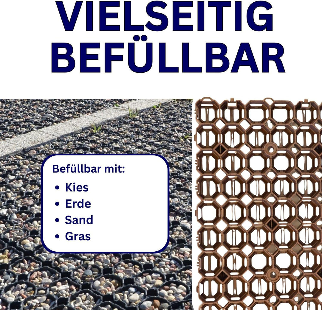 10 Stück ViD® Rasengitter/Rasenwaben 60x40x4 cm, braun | Paddockplatten/Rasengitterplatten/Bodenwabe