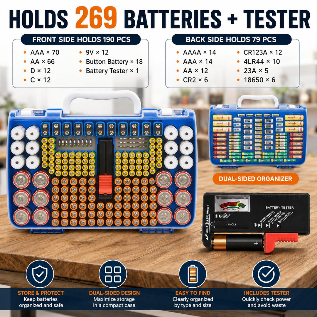 Batterie Aufbewahrungs Organizer mit doppelseitiger Batteriebehälter für 269 Stück AA AAA AAAA 3A 4A