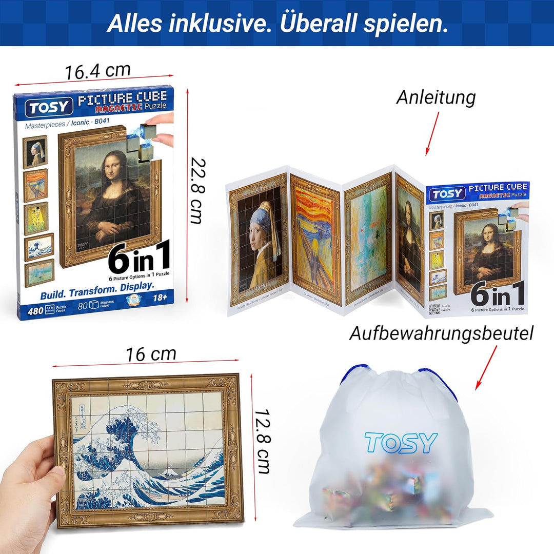 TOSY Picture Cube Iconic Masterpieces: 6-in-1 magnetisches Bilderpuzzle, 80 Blöcke, 488 Flächen/Magn