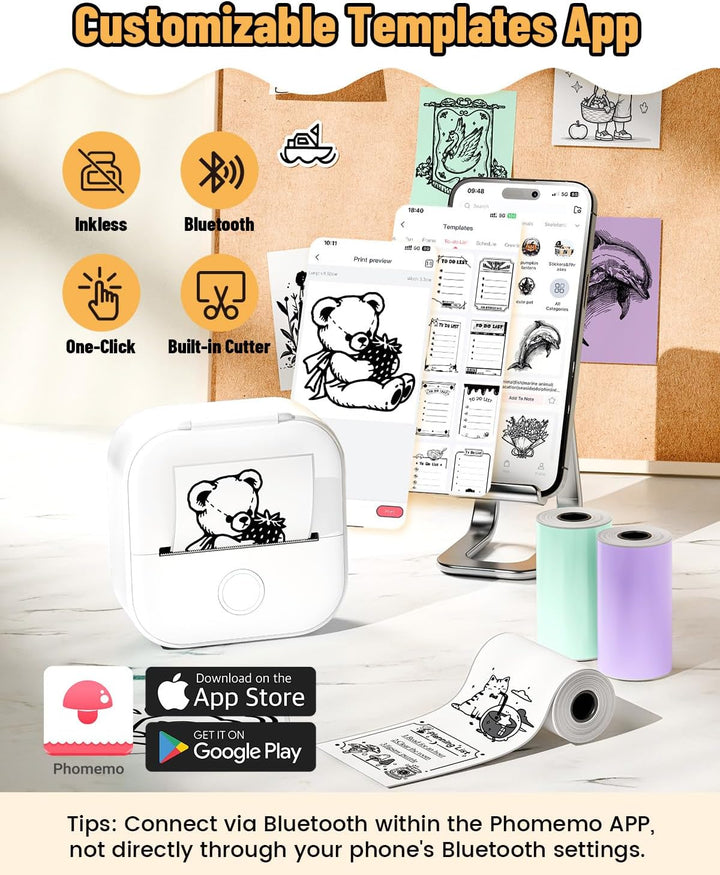 Phomemo Aufkleber Drucker, T02 Mini Thermodrucker für Smartphone, Tragbarer Fotodrucker mit 3 Rollen