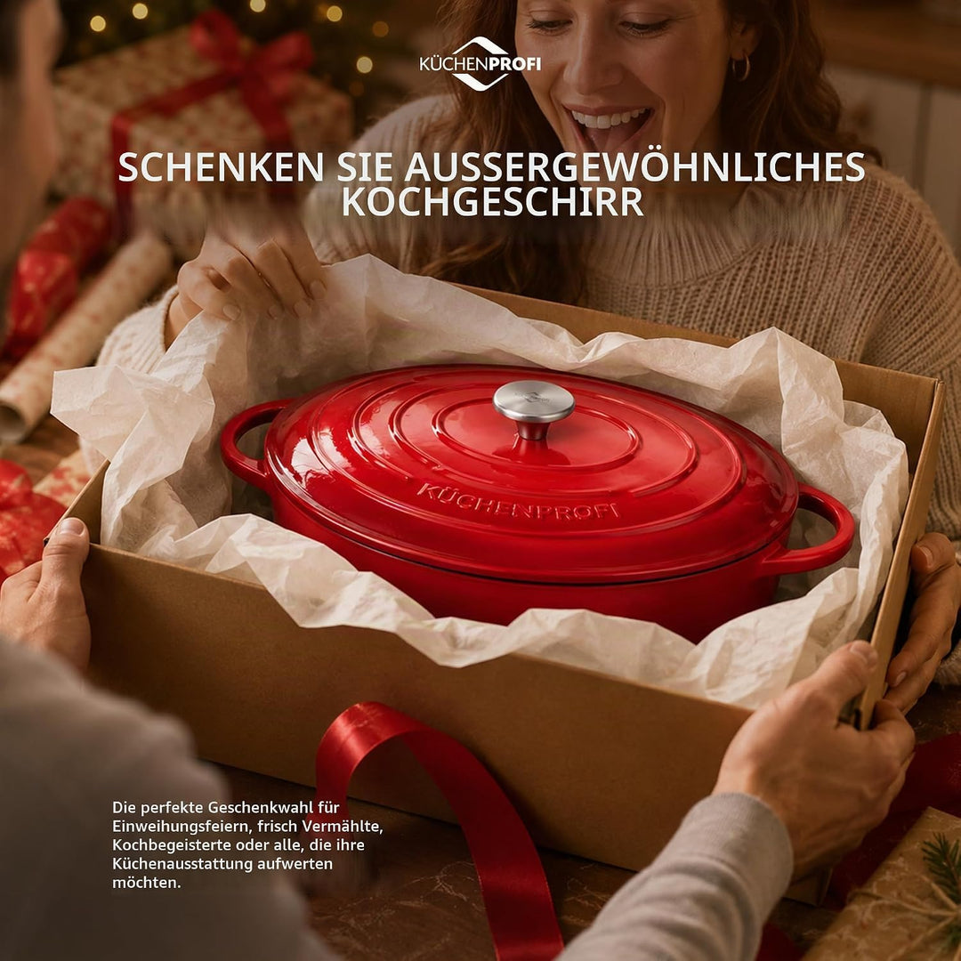 Küchenprofi Gusseisen Bräter mit Deckel, rot/innen schwarz , 31 cm, Schmortopf, Auflaufform, Dutch O