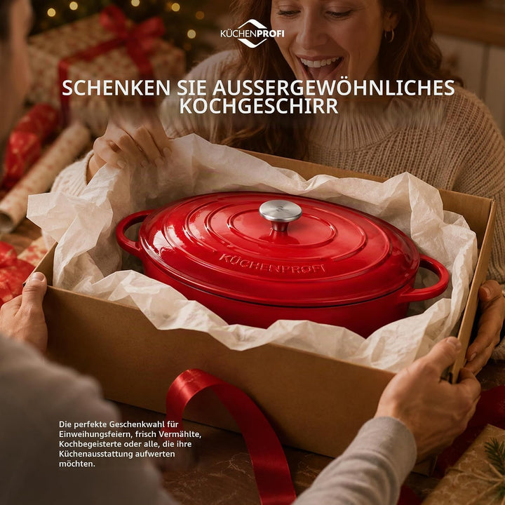 Küchenprofi Gusseisen Bräter mit Deckel, rot/innen schwarz , 31 cm, Schmortopf, Auflaufform, Dutch O