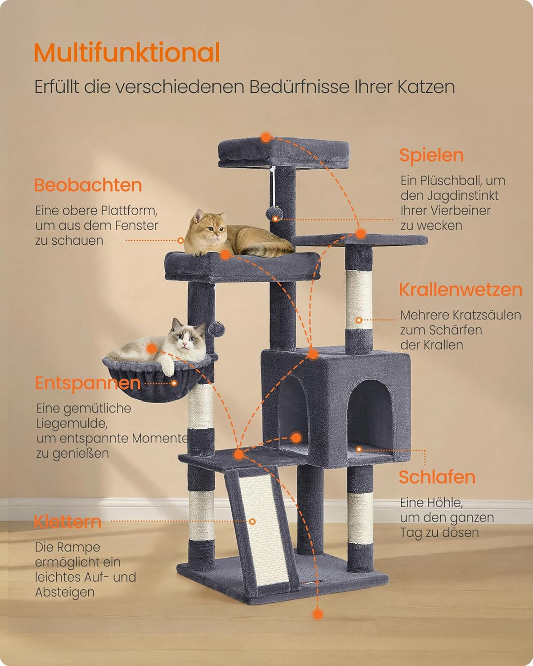 Feandrea Kratzbaum, 136 cm hoch, Katzenbaum, mehrstöckiges Katzenhaus, mit 4 Kratzsäulen, 3 Plattfor