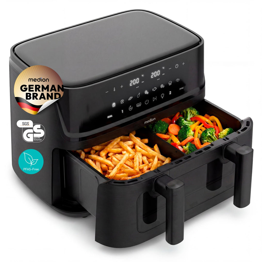 MEDION P25 XXL Flex M Airfryer Heissluftfritteuse mit 2 Kammern - schwarz | 10,8 Liter, flexible Kam