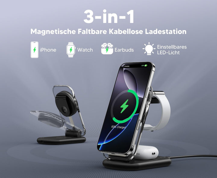 Induktive Ladestation, 3 in 1 Mag Safe Ladestation Kompatibel mit iPhone 17 16 15 14 13 12 Pro Max/A