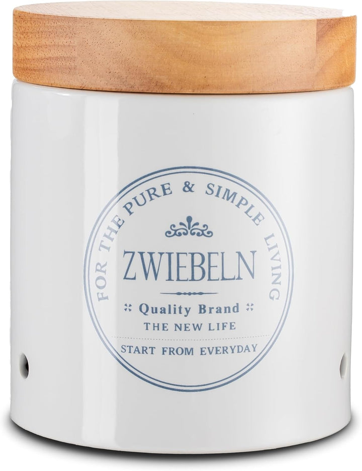 KHG Zwiebeltopf Keramik Steingut Weiss Holzdeckel Bambus, Zwiebel Aufbewahrung, 1kg Kapazität, Zwieb