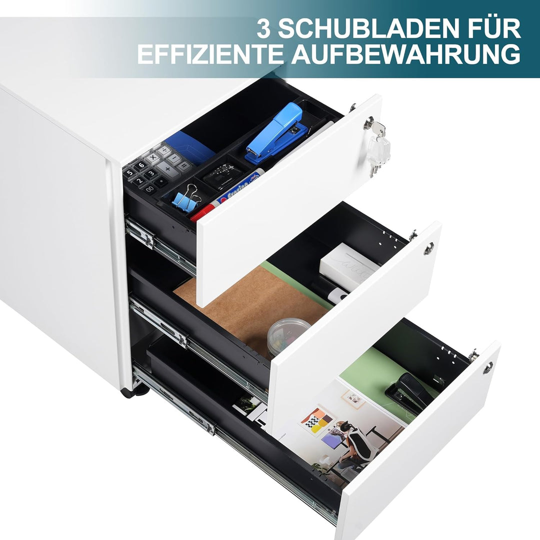 Rollcontainer mit Schubladen, Mobiler Aktenschrank unter Schreibtisch, Abschliessbarer Büroschrank,