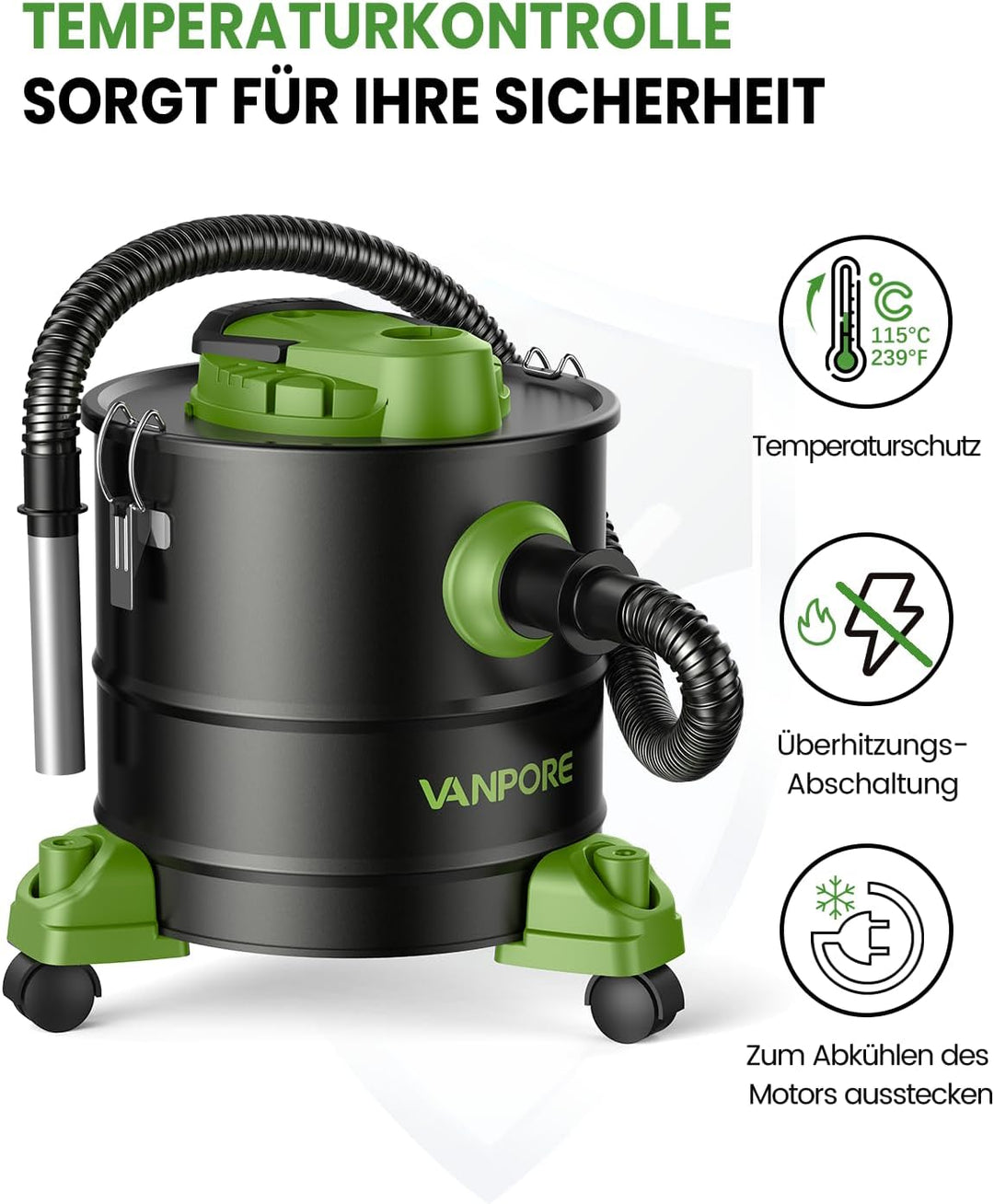 Aschesauger, 5,2 Gallonen, mit 1200 W Saugleistung, Fahrgestell, Aschesauger für Pelletöfen, Kamine,