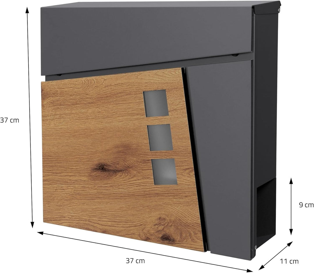 ML-Design Briefkasten 37x36,5x11 cm Anthrazit/Holzoptik aus Stahl, Postkasten mit Zeitungsfach, Absc