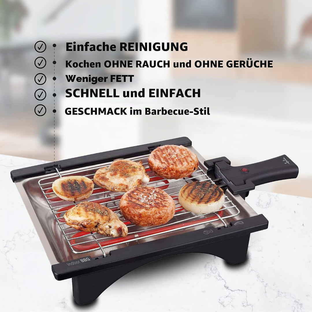Jata BQ95 Electro Grill Perfekt Für Zwei Personen Rauchfrei Abnehmbarer Grill mit 2 Höhen Edelstahlt