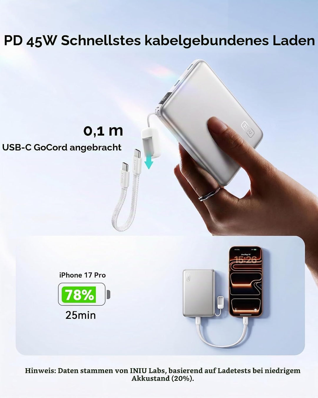INIU for MagSafe Power Bank, 10000mAh Qi2 25W Kabelloses &amp; 45W USB C Charge Weiss, Weiss