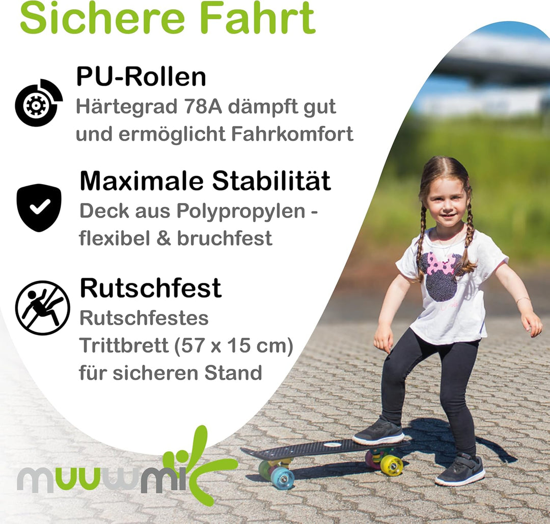 Muuwmi Skateboard Fun - Board Deck 57x15cm - ABEC 5 und PU-Rollen 60x45mm durchsichtig, durchsichtig