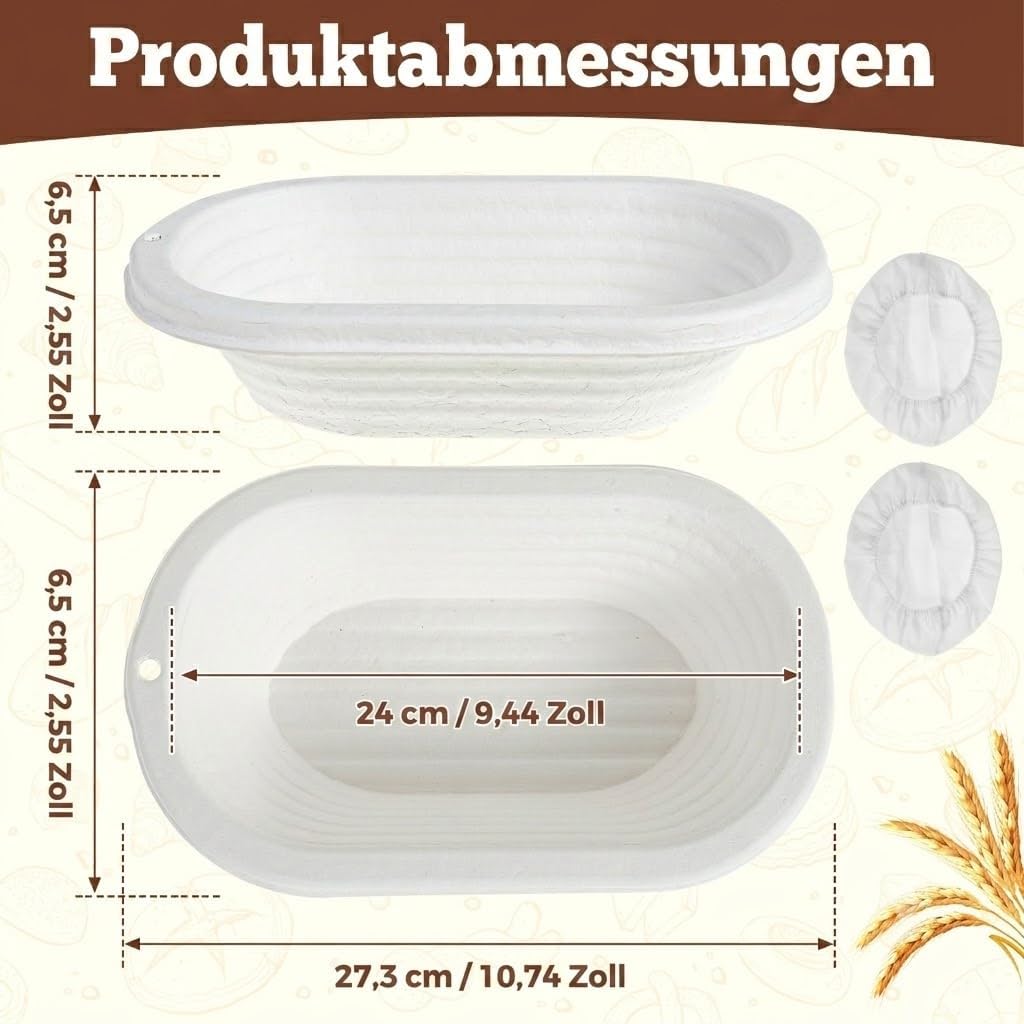 2er-Set Brotgärkörbe ovale 27cm Brotkorb zum Backen | Antihaftbeschichtete Sauerteig-Gärkörbe mit De
