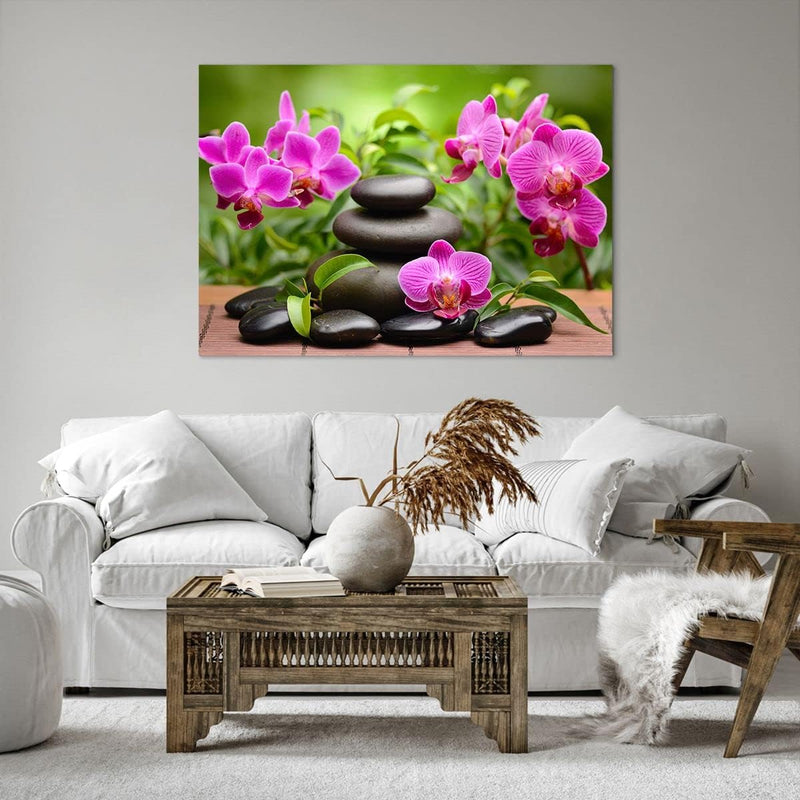 Bilder auf Leinwand 100x70cm Leinwandbild Blumen Steine Bambus Dekoration Gross Wanddeko Bild Schlaf