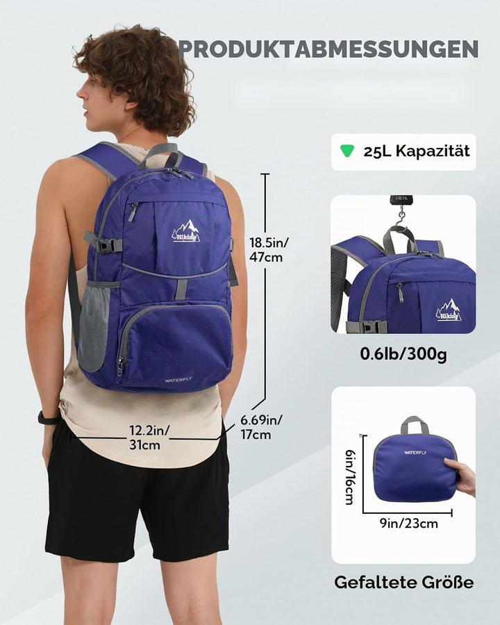 WATERFLY Faltbarer Rucksack Ultraleicht Wanderrucksack: 25L Leichter Tagesrucksack Sportlich Packabl