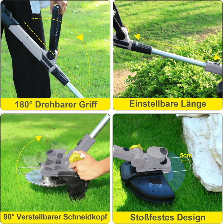 Rasentrimmer mit 21V,freischneider mit unkrautbürste,2-in-1 Freischneider akku,6 Klingentypen,inkl 2