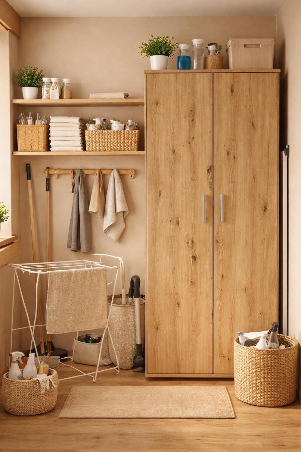 Happy Babies Utility-Schrank 60cm | Weiss | Vorratsschrank für Staubsauger, Mopps & Reinigungsmittel
