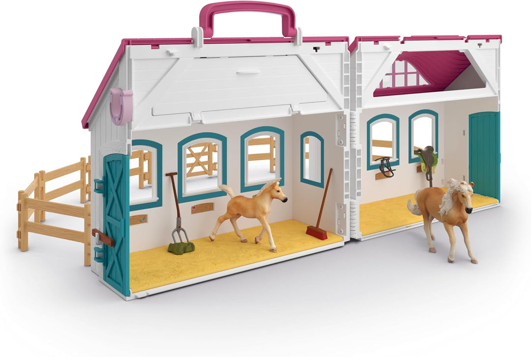 SCHLEICH Horse Club | Offenstall Kleines Hufeisen 42703 | Set inkl. Stall, 2 Pferde, bewegliche Mädc