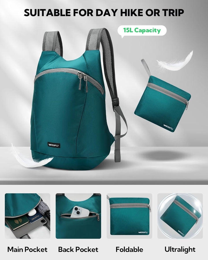 WATERFLY Faltbarer Rucksack Klein 15L: Ultraleicht Wanderrucksack Packable Tagesrucksack Sportliche