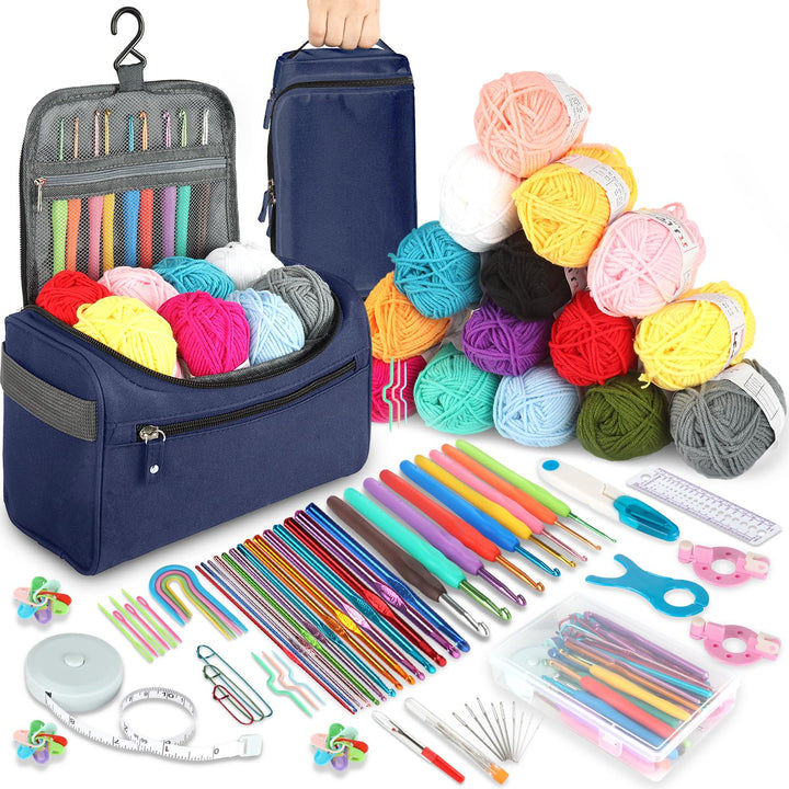 BBWELL Häkelset für Anfänger,Tragbar Häkelnadel mit 15 Wolle,Häkelwolle Set,Stricken für Anfänger Se