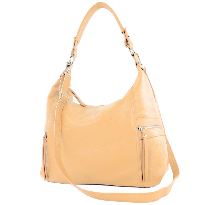 modamoda de - T229 - ital Schultertasche Shopper aus Leder Beige, Beige