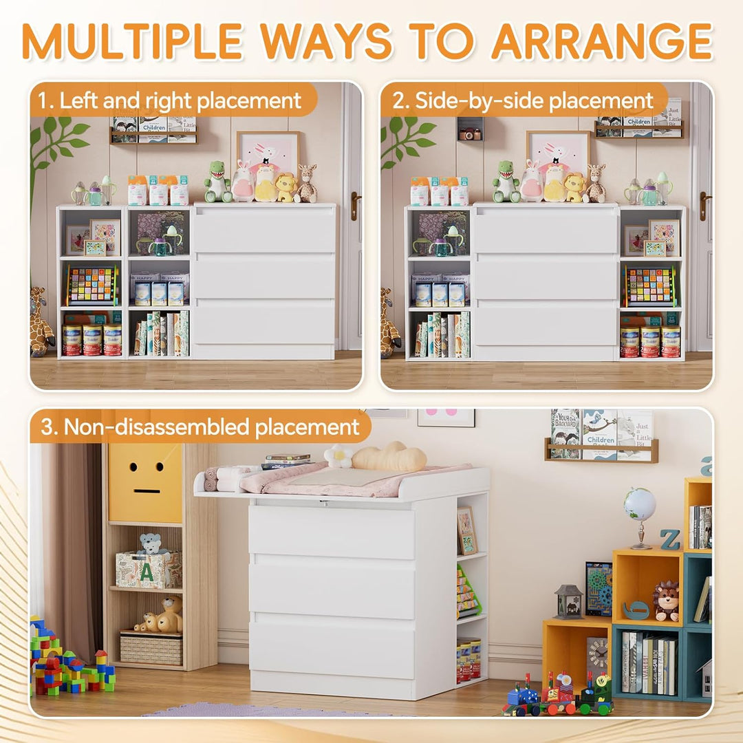 2-in-1 Wickelkommode mit abnehmbarem Wickelaufsatz, Baby Wickeltisch&Kommode mit 3 Schubladen und 6