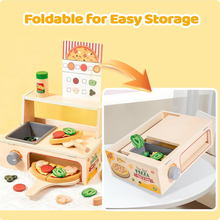 Pizza Holzspielzeug Kinderküche, Spielküche Zubehör Holz, 50PCS Pizzaofen mit Pizzaschneider, Küchen