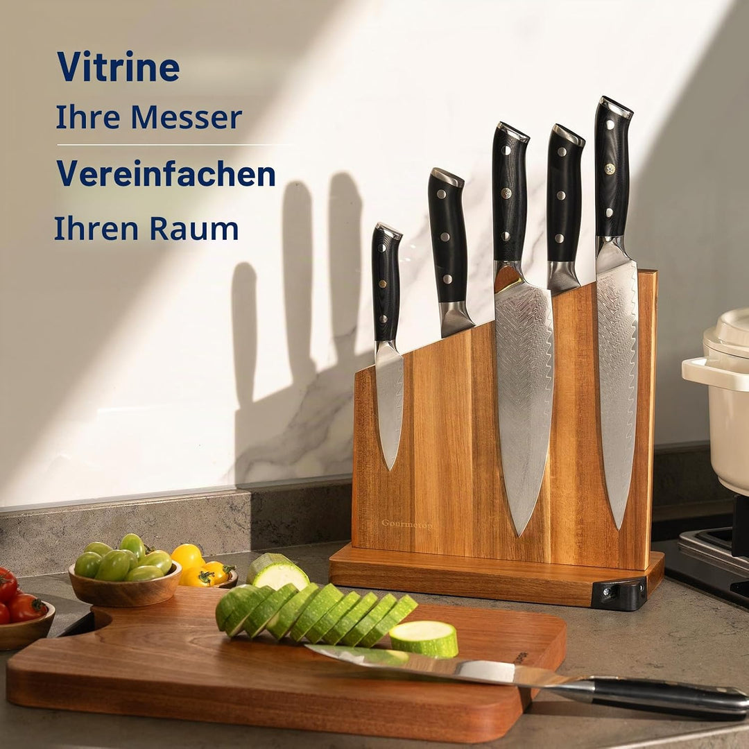 Messerblock Magnetisch mit Integriertem Schärfer, 100% Akazienholz Messerblock ohne Messer, Starker