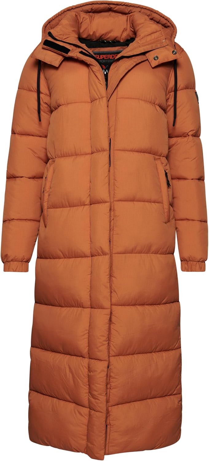 Superdry Damen Ripstop Longline Puffer Jacket Jacke 34 Caramel Grid, 34 Caramel Grid