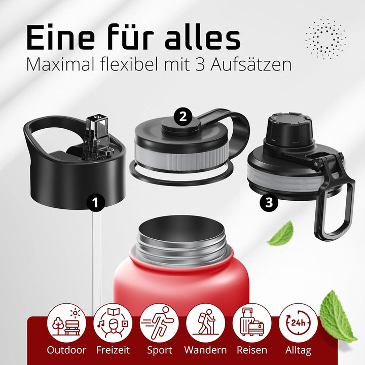 Trinkflasche Edelstahl ACTIVE FLASK + Strohhalm (3 Deckel) BPA-frei, Auslaufsicher, Kohlensäure geei