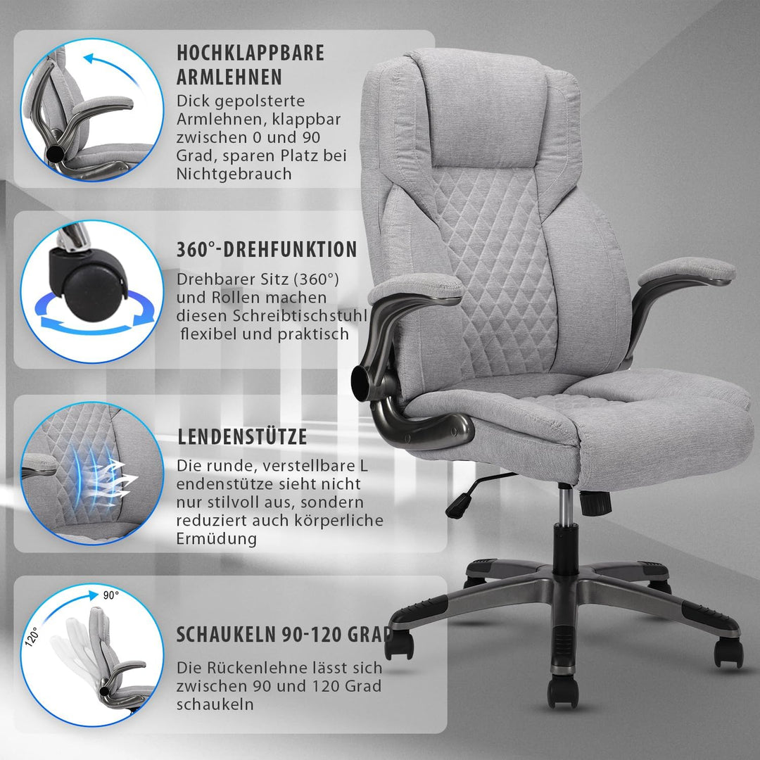Bosmiller Bürostuhl Ergonomischer Chefsessel Bürostuhl 200 kg, Verstellbarer Rückenlehne, Hochklappb
