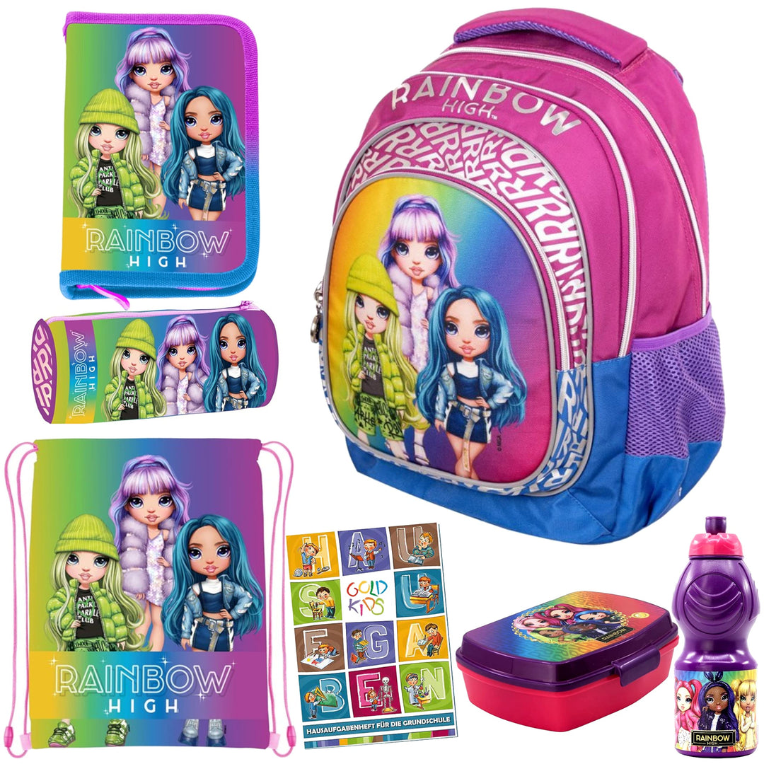 Goldkids 7er Set Schulrucksack Rucksack Federmappe Turnbeutel Brotdose Trinkflasche Schlamperrolle A
