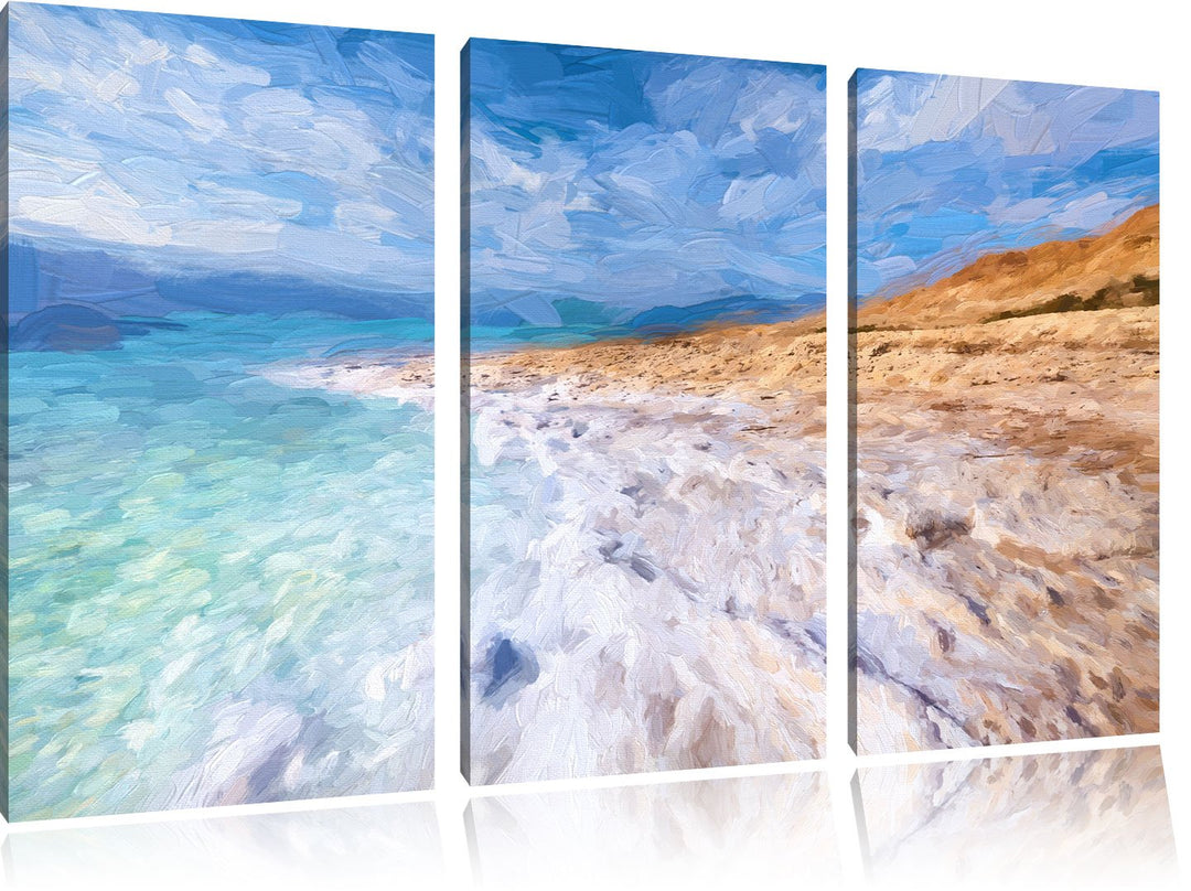 Pixxprint Das Tote Meer bei Tag Pinsel Effekt 3-Teiler Leinwandbild 120x80 Bild auf Leinwand