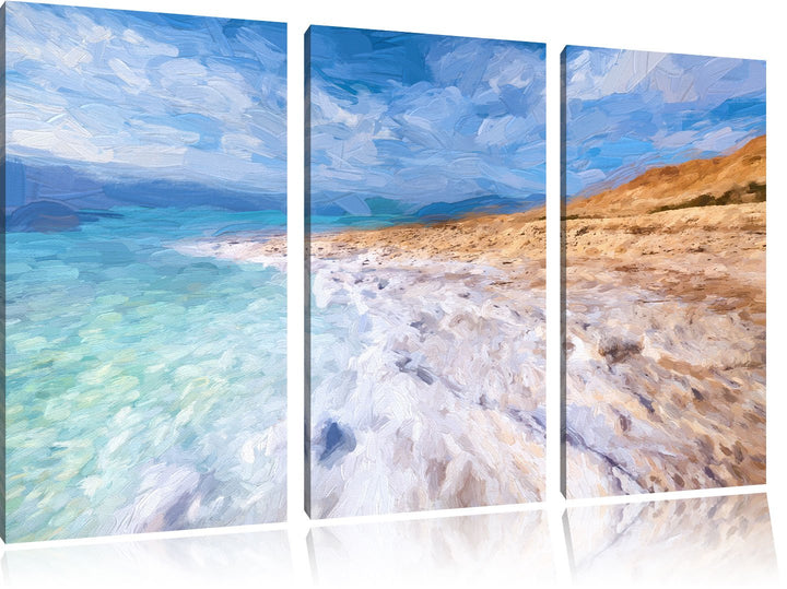 Pixxprint Das Tote Meer bei Tag Pinsel Effekt 3-Teiler Leinwandbild 120x80 Bild auf Leinwand