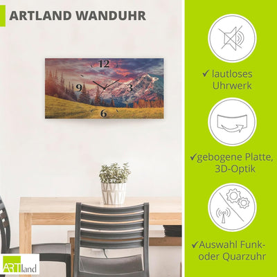 ARTLAND Wanduhr ohne Tickgeräusche Alu Funkuhr lautlos 60x30 cm Rechteckig Landschaft Sonnenuntergan