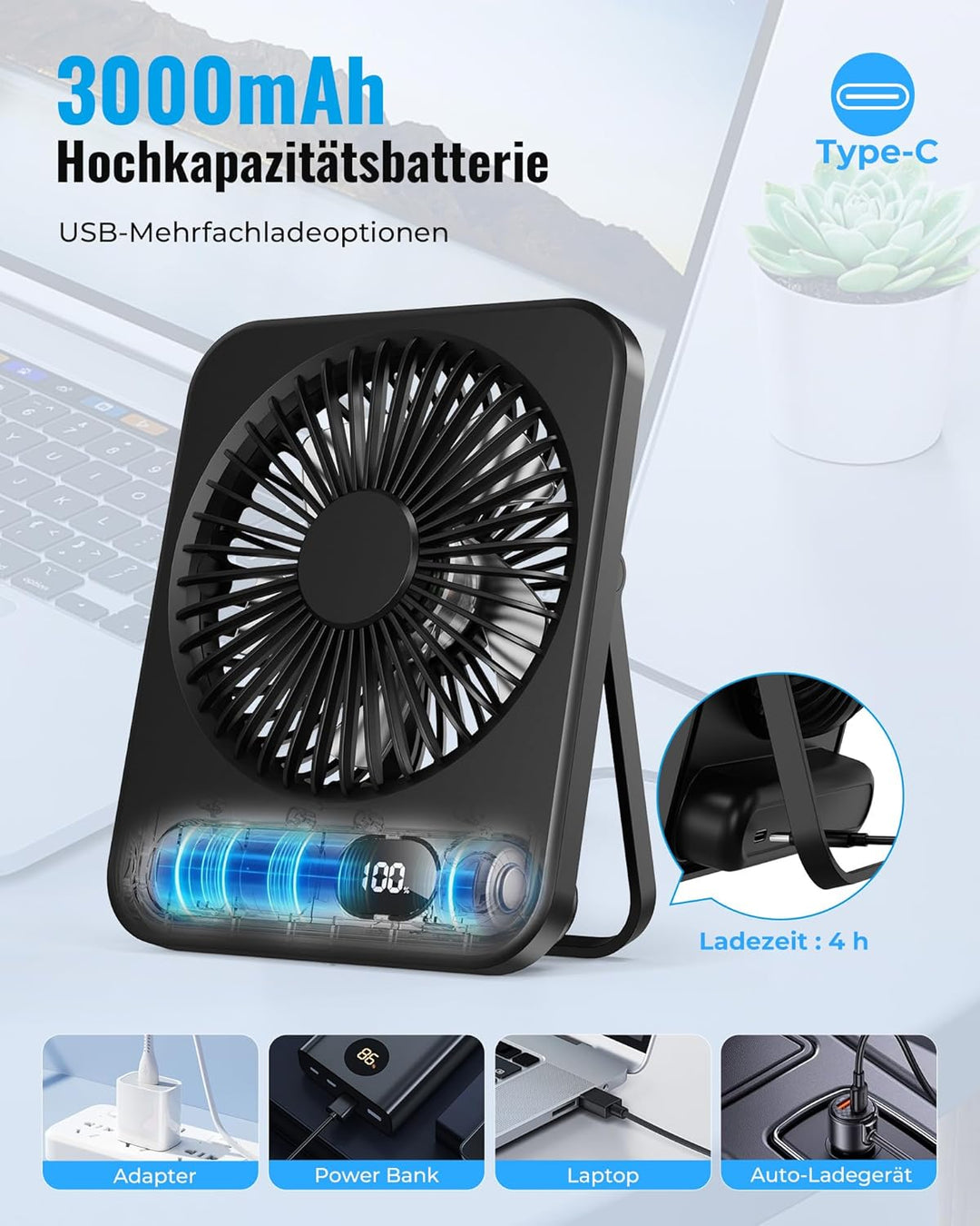 Tischventilator Kleiner - USB Ventilator mit 5 Stufen, 180° verstellbar, Ultra-Slim 3,8 cm, LED-Disp