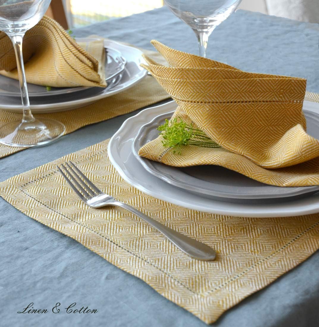 Linen & Cotton Hochwertig Tischsets Platzsets mit Hohlsaum Scandi - 100% Leinen, Gelb (30 x 44cm, 2