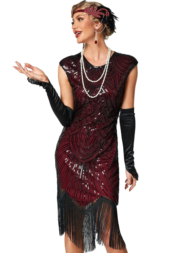 Damen Kleid voller Pailletten 20er Stil Runder Ausschnitt Inspiriert von Great Gatsby Kostüm Kleid S