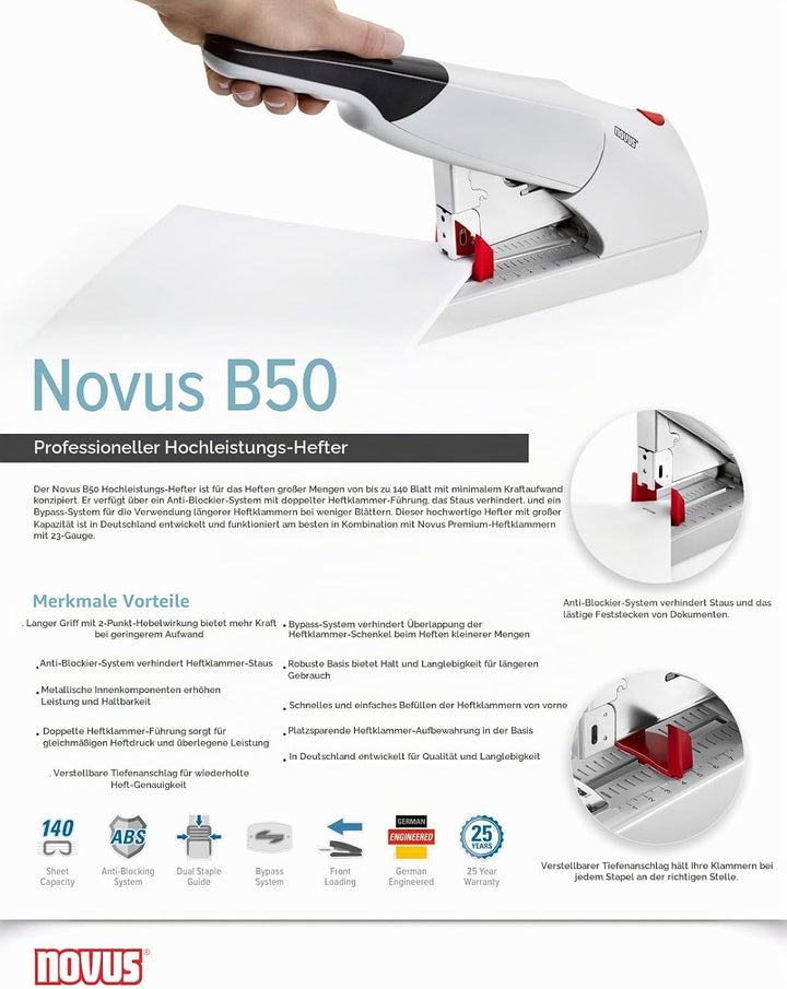 Novus B 50 Blockheftgerät (Bürohefter mit variabler Einlegetiefe bis 75 mm, 140 Blatt, Antiblockiers