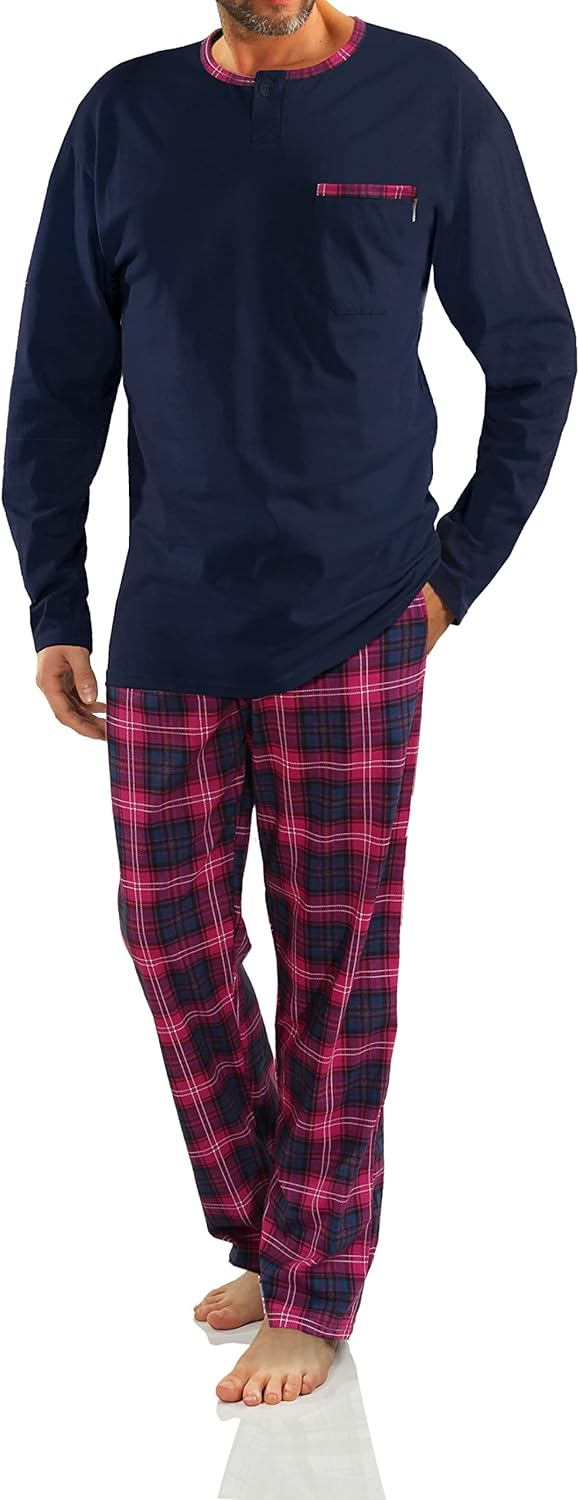 sesto senso Herren Schlafanzug Lang Baumwolle Pyjama Langarm Shirt mit Tasche Pyjamahose Zweiteilig