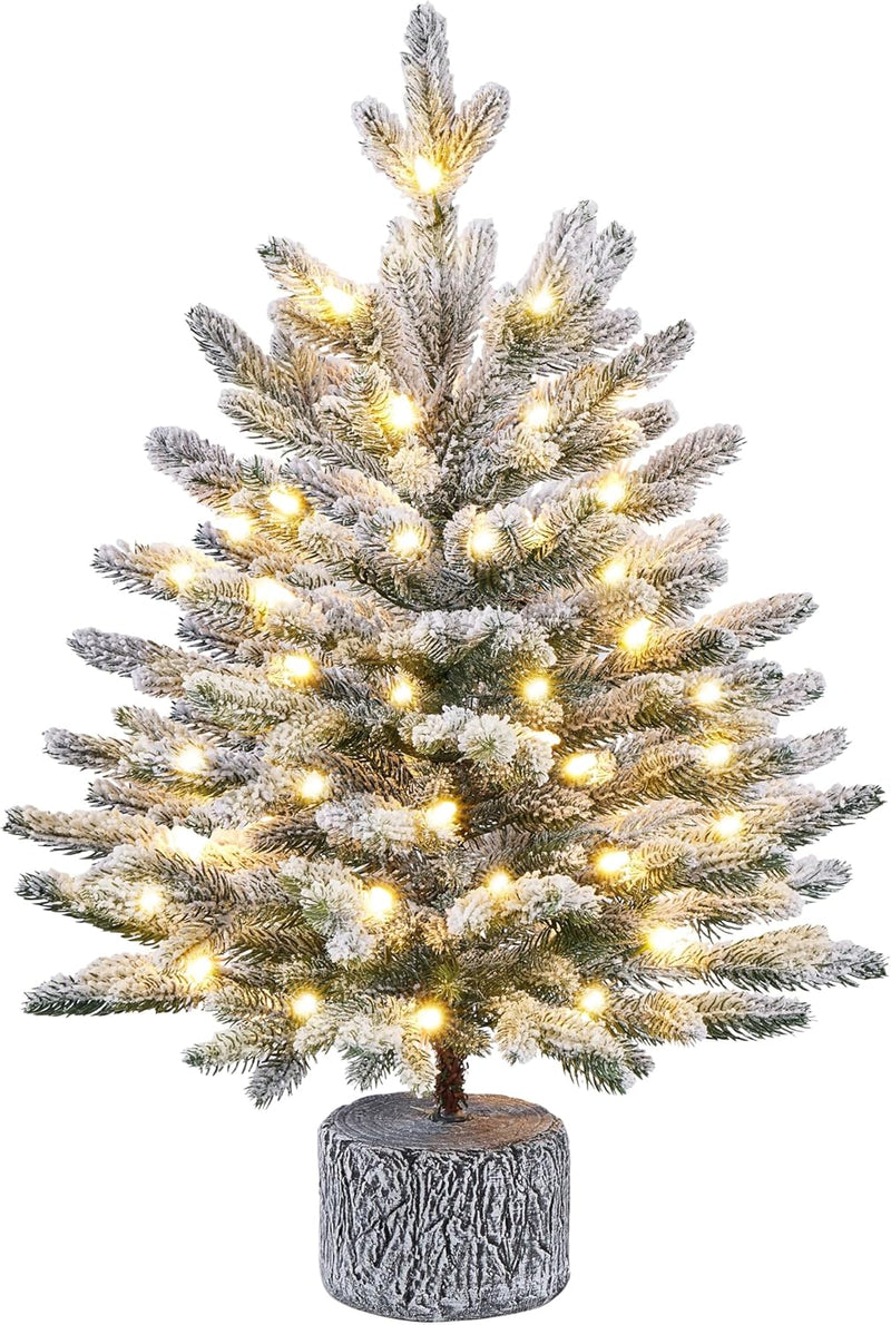 Yaheetech 68 cm Mini Künstlicher Weihnachtsbaum mit Schnee, Eingetopfter Tannenbaum mit 35 LEDs in W