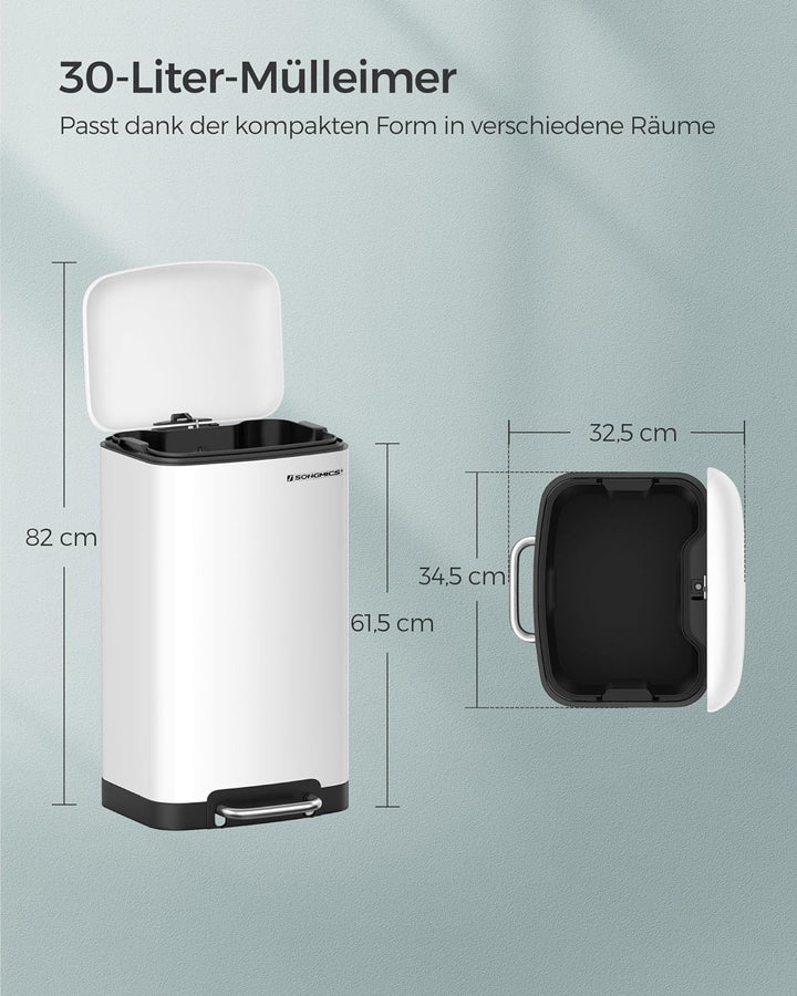 SONGMICS Mülleimer, 30 Liter Abfalleimer, Treteimer aus Stahl, mit Inneneimer und Deckel, Softclose,