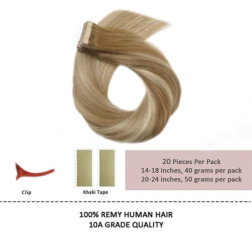 HotLulana Tape in Extensions Echthaar Balayage Hellbraun mit Goldblond(#10/10/22) Extensions Echthaa