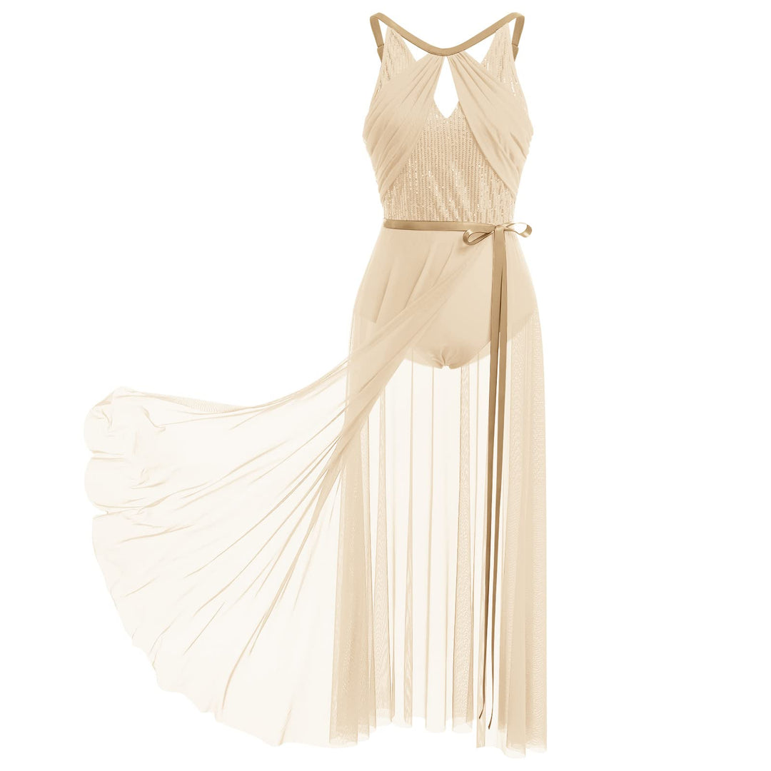 FYMNSI Damen Lyrisch Tanzkleid Ballettkleid Ärmellos Pailletten Trikot Mit Wickelrock Modern Contemp