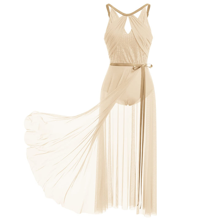 FYMNSI Damen Lyrisch Tanzkleid Ballettkleid Ärmellos Pailletten Trikot Mit Wickelrock Modern Contemp