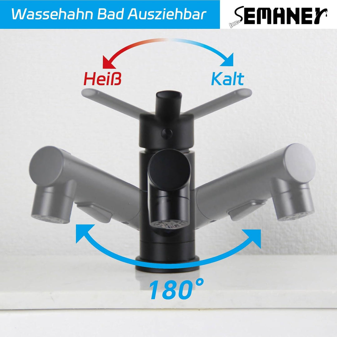 Wasserhahn Bad Schwarz, SEMANEY Hochdruck Waschtischarmatur mit Brause 3 Wasserstrahlarten, 180° Dre