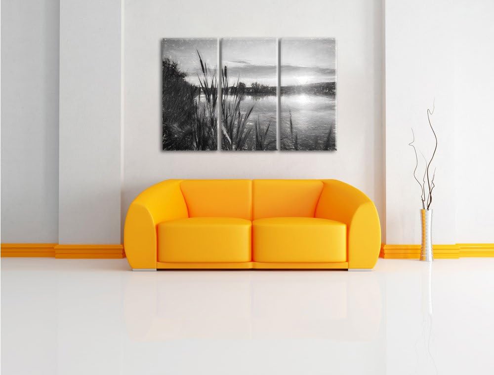 Pixxprint Sonniger Morgen am See Kohle Zeichnung Effekt 3-Teiler Leinwandbild 120x80 Bild auf Leinwa