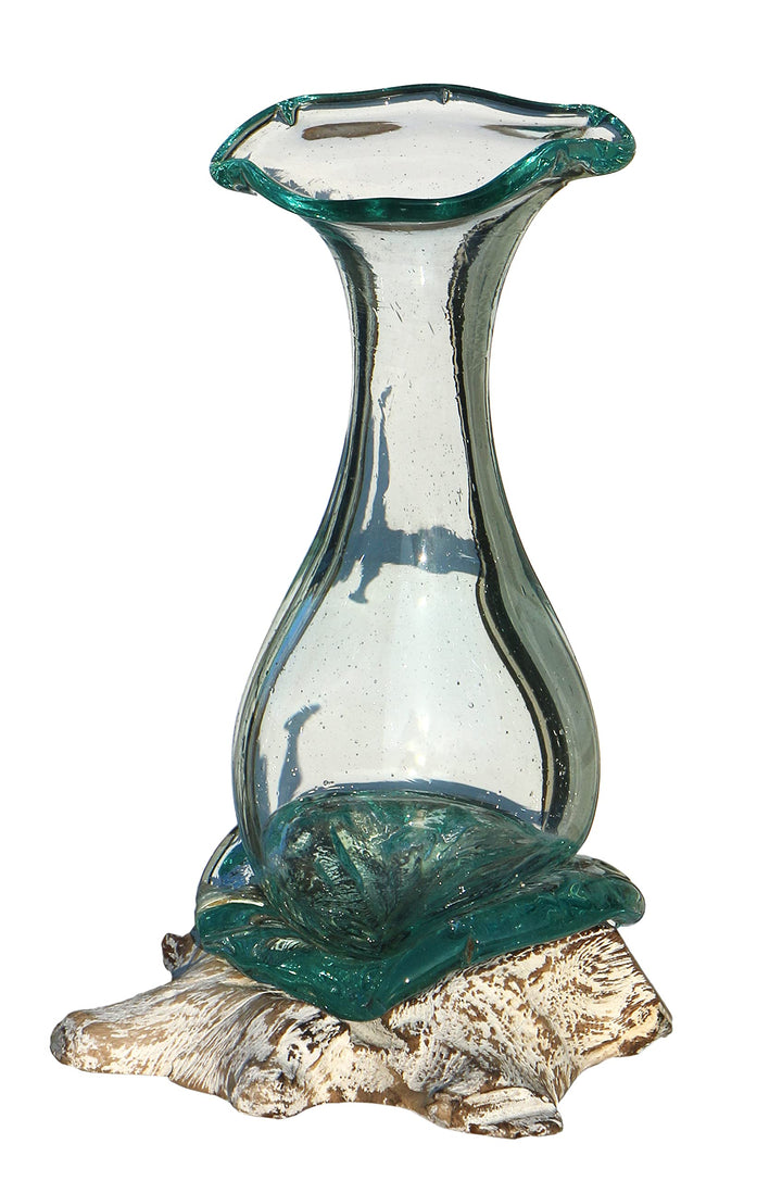 Wogeka - White Line Collection - 25 cm weisse Glas-Vase Athena auf Wurzel-Holz als Maritime Mediterr
